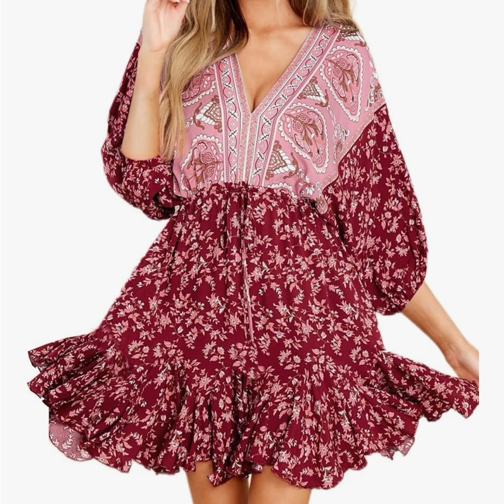 Floral Bohemian Burgundy Dress